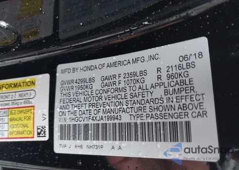 2018 Honda Accord Ex from USA, damaged, VIN 1HGCV1F4XJA199943